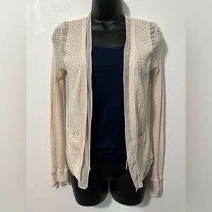 BCBG Maxazria crocheted shell, 100% polyester lining, sheer cardigan